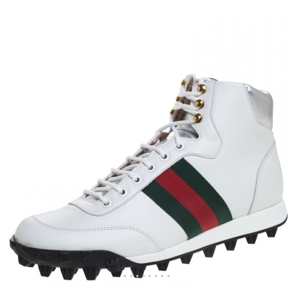 Gucci White Leather And Web Canvas High Top Sneaker Size Gucci 11, US 11.5